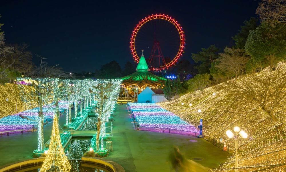夜のテーマパーク（奥にネオンで光る観覧車がある）