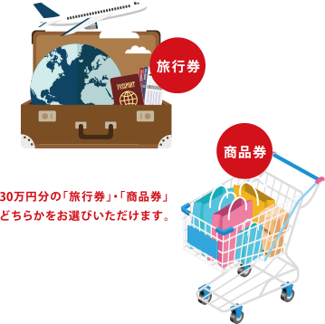 30万円分の「旅行券」・「商品券」どちらかをお選びいただけます。