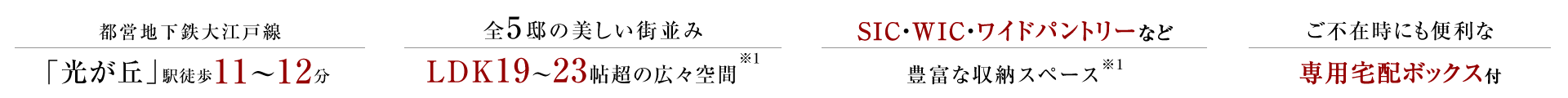 ●都営大江戸線「光が丘」駅徒歩11～12分●全5邸の美しい街並み、LDK19～23帖超の広々空間●SIC・WIC・ワイドパントリーなど豊富な収納スペース●ご不在時にも便利な専用宅配ボックス付