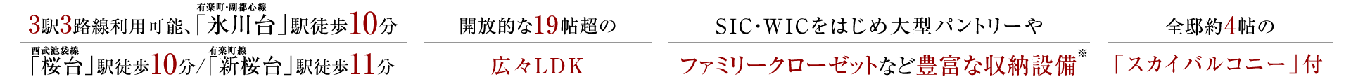 3駅3路線利用可能、有楽町・副都心線「氷川台」駅徒歩10分、開放的な19帖超の広々LDK、SIC・WICをはじめ大型パントリーやファミリークローゼットなど豊富な収納設備、全邸約4帖の「スカイバルコニー」付