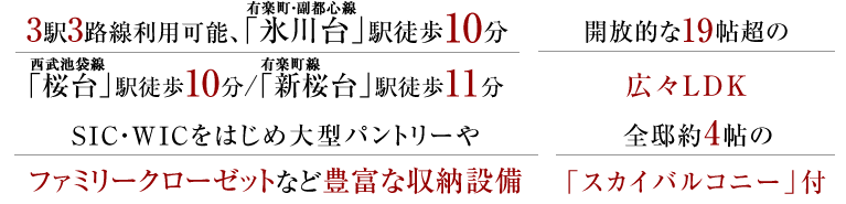 3駅3路線利用可能、有楽町・副都心線「氷川台」駅徒歩10分、開放的な19帖超の広々LDK、SIC・WICをはじめ大型パントリーやファミリークローゼットなど豊富な収納設備、全邸約4帖の「スカイバルコニー」付