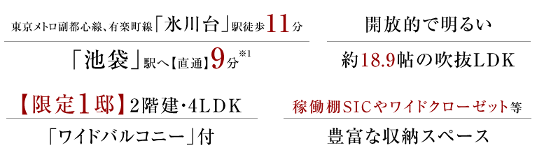 東京メトロ副都心線、有楽町線「氷川台」駅徒歩14分/「平和台」駅徒歩17分、20帖以上の広さを確保した明るいLDK、SIC・WICやPantry等、豊富な収納スペース、全館浄活水システム標準搭載ミラブルシャワー／マイクロバブルバス