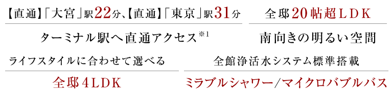 【直通】「大宮」駅22分「東京」駅31分 ターミナル駅へ直通アクセス。全邸20帖超LDK。南向きの明るい空間。全邸4LDK。全館浄活水システム標準搭載　ミラブルシャワー/マイクロバブルバス