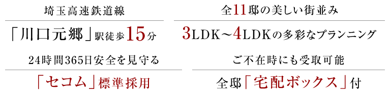 埼玉高速鉄道線「川口元郷」駅徒歩15分。全11邸の美しい街並み、3LDK～4LDKの多彩なプランニング。24時間365日安全を見守る「セコム」標準採用。ご不在時にも受取可能、全邸「宅配ボックス」付。