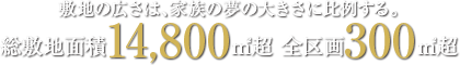 敷地の広さは、家族の夢の大きさに比例する。総敷地面積14.800㎡超 全区画300㎡超