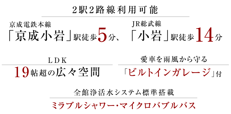 2駅2路線利用可能、京成電鉄本線「京成小岩」駅徒歩5分、JR総武線「小岩」駅徒歩14分、LDK19帖超の広々空間、愛車を雨風から守る「ビルトインガレージ」付、全館浄活水システム標準搭載ミラブルシャワー・マイクロバブルバス