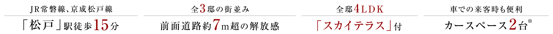 JR常磐線、京成松戸線「松戸」駅徒歩15分。全3邸の街並み、前面道路約7ｍ超の解放感。全邸4LDK「スカイテラス」付。車での来客時も便利、カースペース2台。