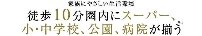 家族に優しい生活環境 徒歩10分圏内にスーパー、小・中学校、公園、病院が揃う