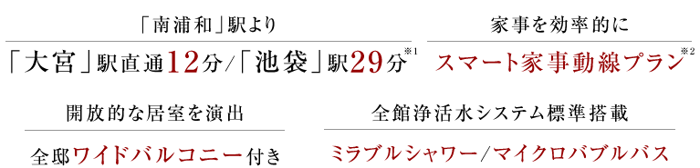 「南浦和」駅より「大宮」駅直通12分/「池袋」駅29分、家事を効率的にスマート家事動線プラン、開放的な居室を演出全邸ワイドバルコニー付き、全館浄活水システム標準搭載ミラブルシャワー/マイクロバブルバス