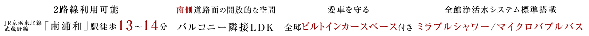 2路線利用可能 JR京浜東北線・武蔵野線「南浦和」駅徒歩13～14分、南側道路面の開放的な空間 バルコニー隣接LDK、愛車を守る全邸ビルトインカースペース付き、全館浄活水システム標準搭載 ミラブルシャワー/マイクロバブルバス
