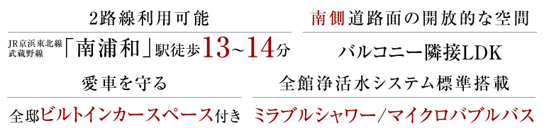 2路線利用可能 JR京浜東北線・武蔵野線「南浦和」駅徒歩13～14分、南側道路面の開放的な空間 バルコニー隣接LDK、愛車を守る全邸ビルトインカースペース付き、全館浄活水システム標準搭載 ミラブルシャワー/マイクロバブルバス