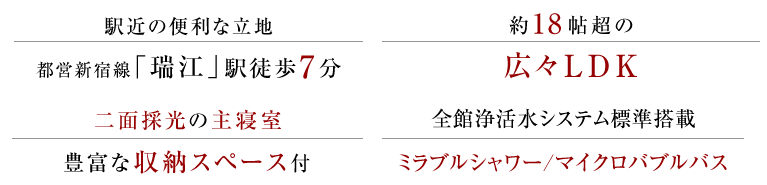 都営新宿線「瑞江」駅徒歩7分、約18帖超の広々LDK、二面採光×豊富な収納スペース付き主寝室、全館浄活水システム標準搭載ミラブルシャワー/マイクロバブルバス