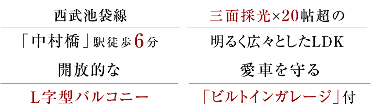 西武池袋線「中村橋」駅徒歩6分、三面採光×20帖超の明るく広々としたLDK、開放的なL字型バルコニー、愛車を守る「ビルトインガレージ」付