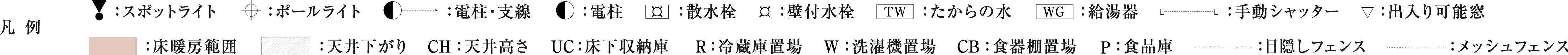 凡例 :スポットライト , ポールライト , 電柱・支線 , 電柱 , 散水栓 , 壁付水栓 , :たからの水 , :給湯器 , :手動シャッター , :出入り可能窓 , :床暖房範囲 , :天井下がり , :天井高さ , :床下収納庫 , :冷蔵庫置場 , :洗濯機置場 , :食器棚置場 , :食品庫 , :目隠しフェンス , :メッシュフェンス