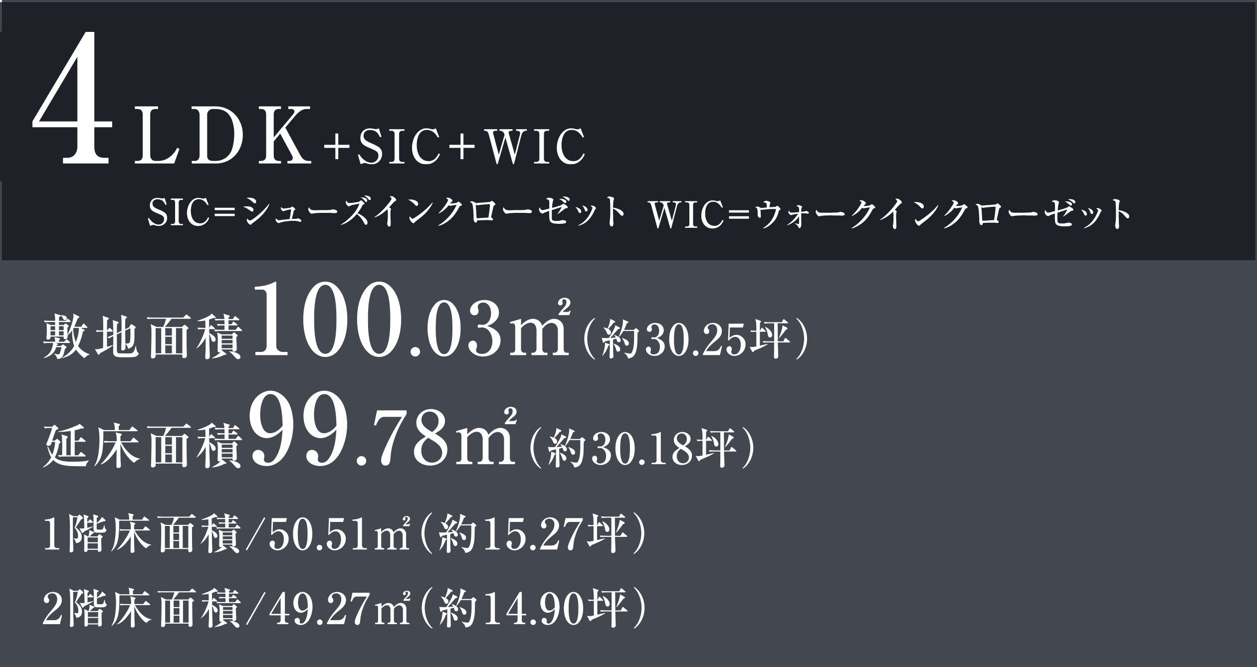4LDK +SIC+WIC SIC=シューズインクローゼットWIC=ウォークインクローゼット 敷地面積100.03㎡（約30.25坪）延床面積99.78㎡（約30.18坪）1階床面積/50.51㎡（約15.27坪）　2階床面積/49.27㎡（約14.90坪）