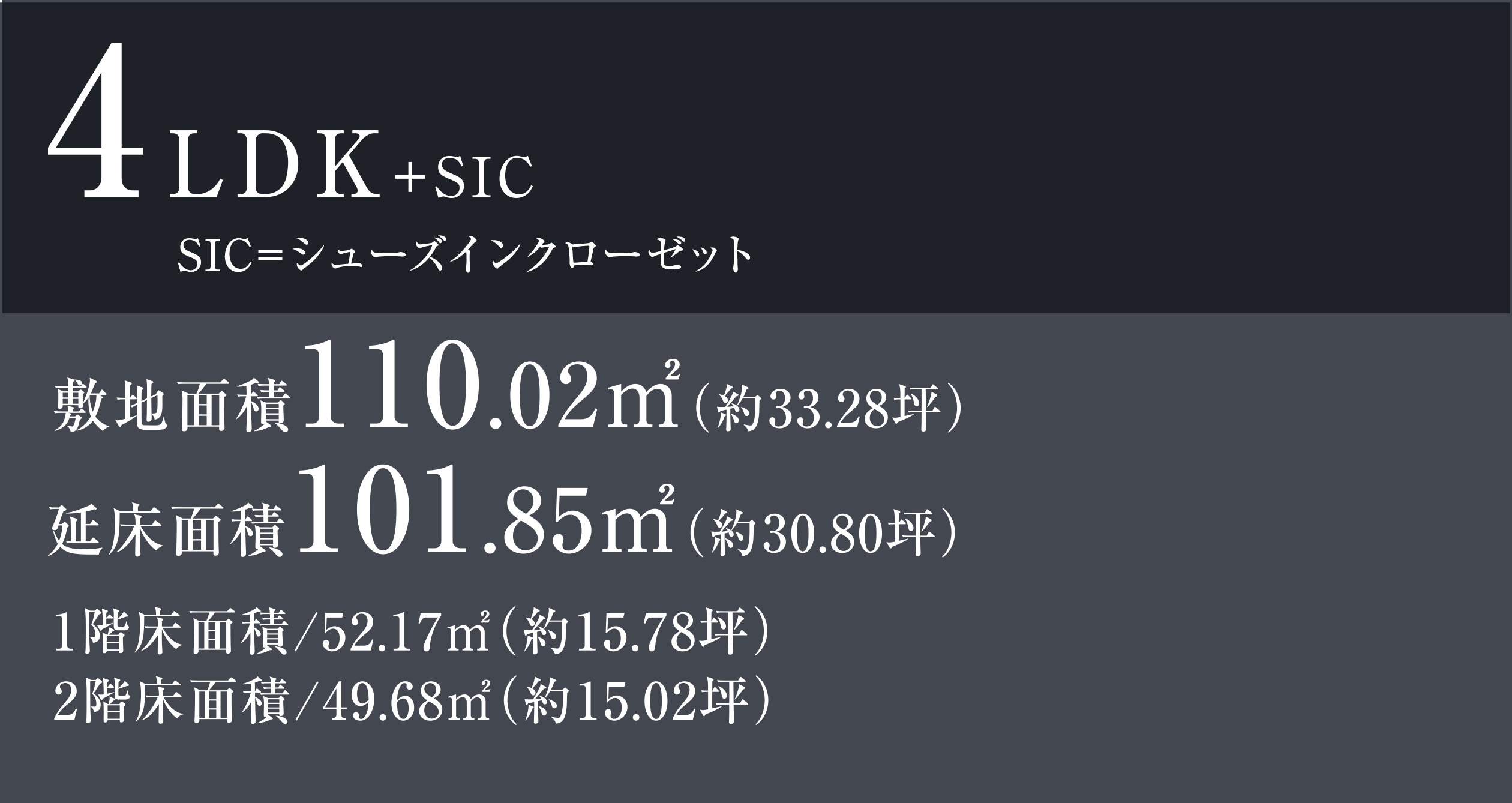 4LDK+SIC SIC=シューズインクローゼット 敷地面積110.02㎡（約33.28坪） 延床面積101.85㎡（約30.80坪） 1階床面積/52.17㎡（約15.78坪）　2階床面積/49.68㎡（約15.02坪）