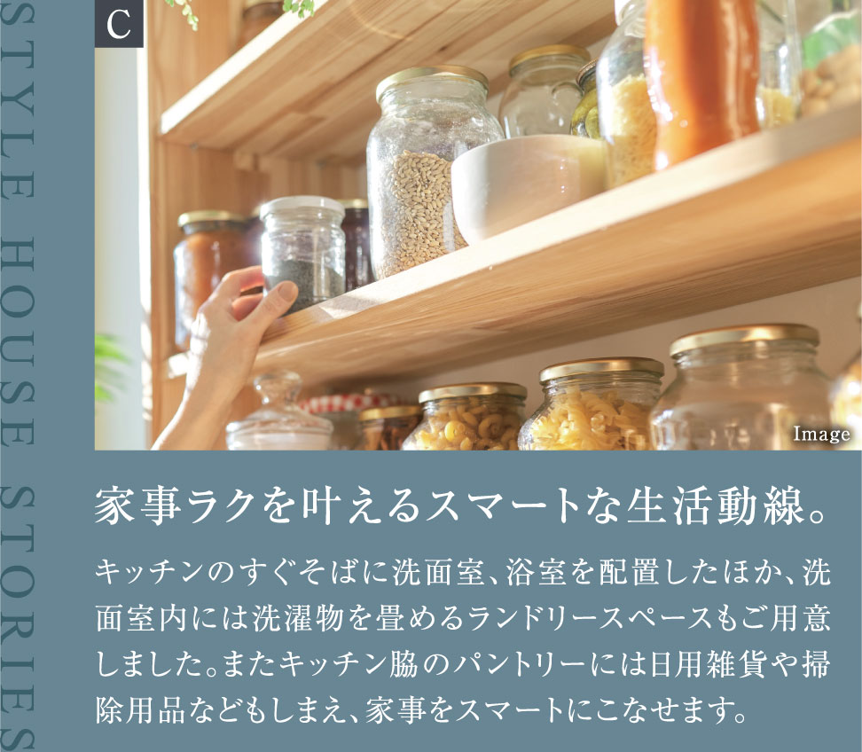 家事ラクを叶えるスマートな生活動線。キッチンのすぐそばに洗面室、浴室を配置したほか、洗面室内には洗濯物を畳めるランドリースペースもご用意しました。またキッチン脇のパントリーには日用雑貨や掃除用品などもしまえ、家事をスマートにこなせます。