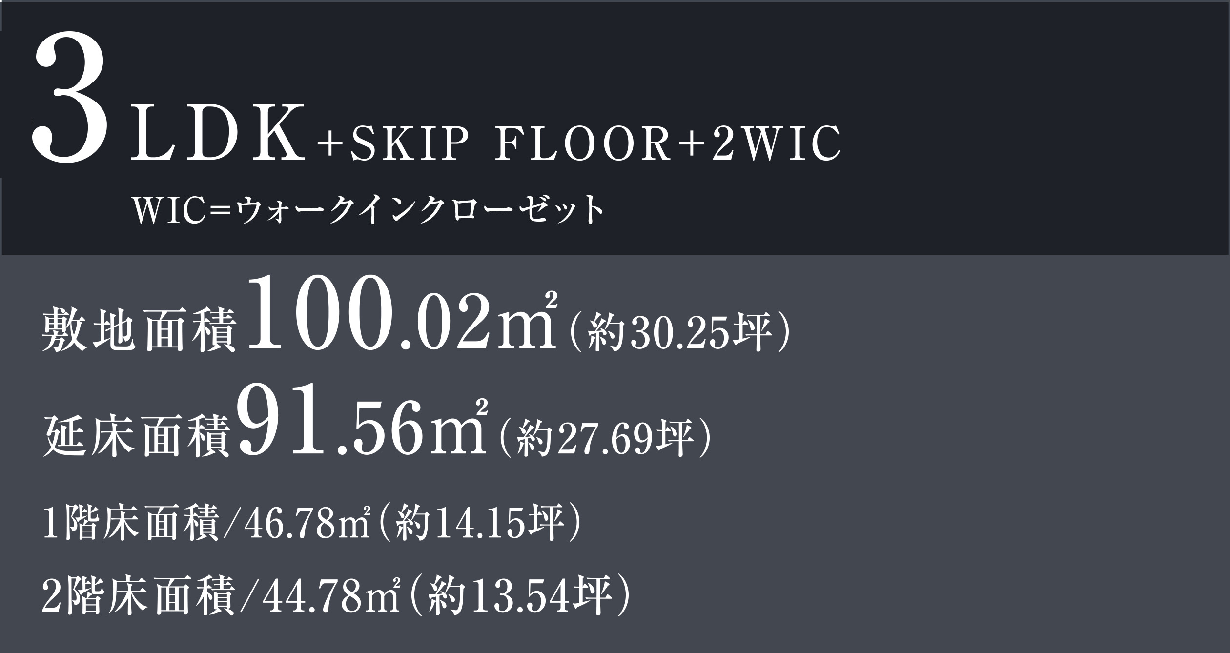 3LDK+SKIP FLOOR+2WIC WIC=ウォークインクローゼット 敷地面積100.02㎡（約30.25坪） 延床面積91.56㎡（約27.69坪） 1階床面積/46.78㎡（約14.15坪）　2階床面積/44.78㎡（約13.54坪）