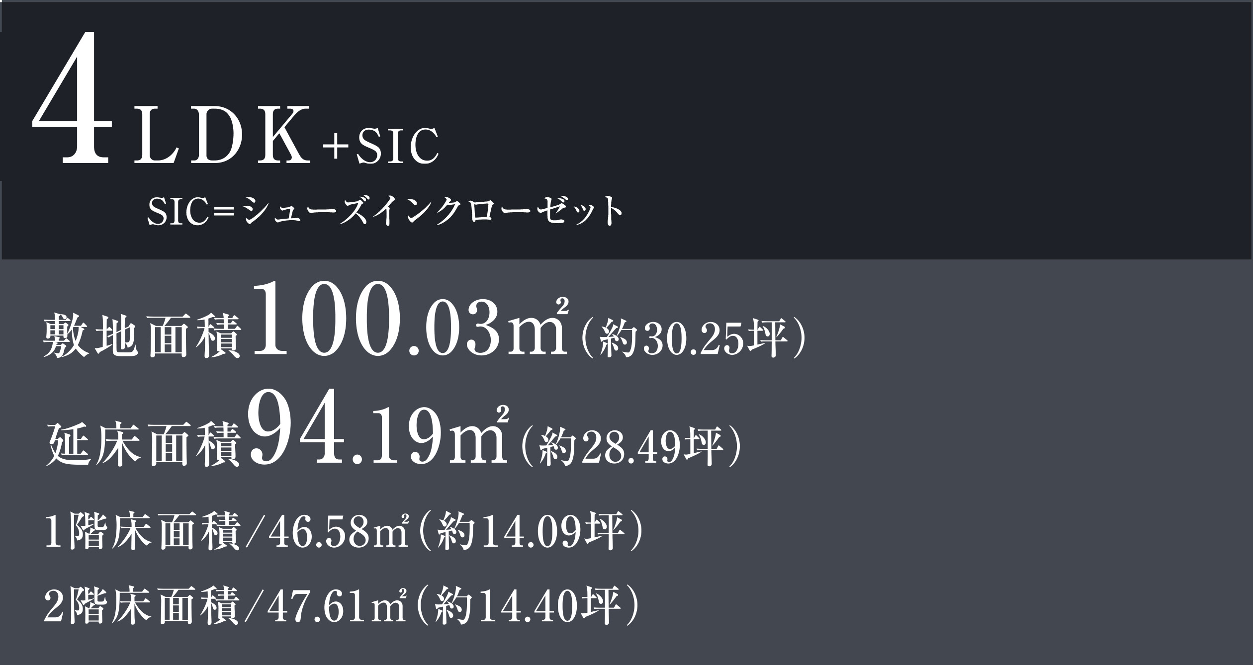 4LDK+SIC SIC=シューズインクローゼット 敷地面積100.03㎡（約30.25坪） 延床面積94.19㎡（約28.49坪） 1階床面積/46.58㎡（約14.09坪）　2階床面積/47.61㎡（約14.40坪）
