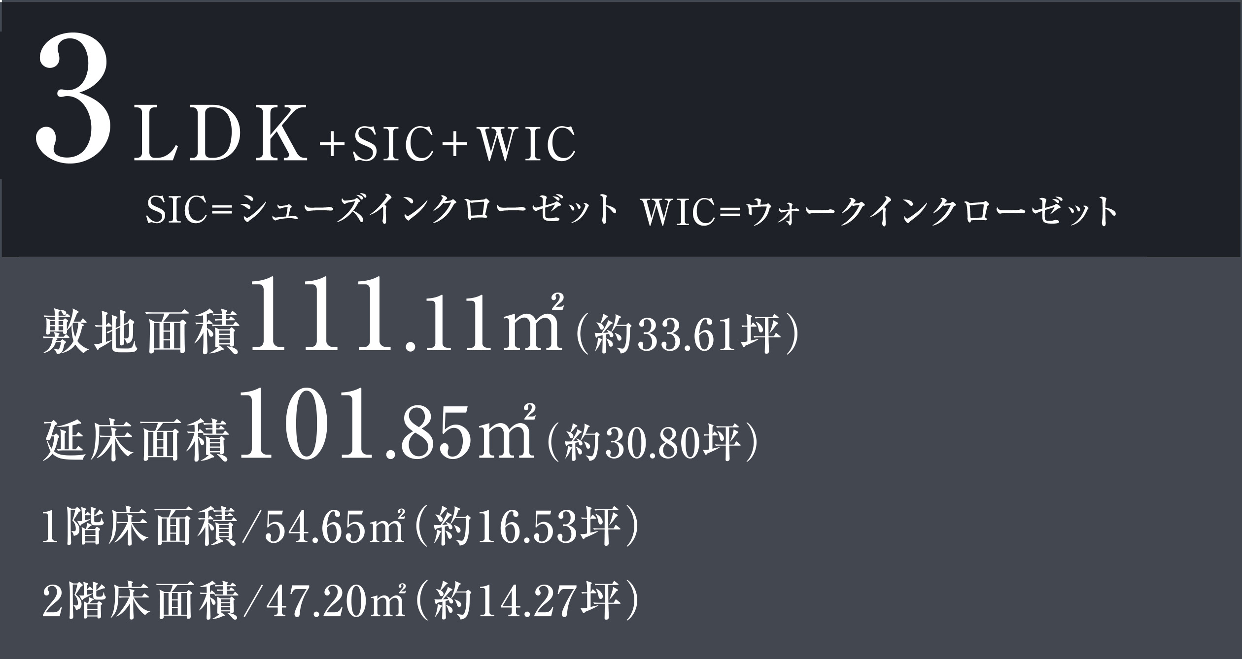 3LDK+SIC+WIC SIC=シューズインクローゼット WIC=ウォークインクローゼット 敷地面積111.11㎡（約33.61坪） 延床面積101.85㎡（約30.80坪）1階床面積/54.65㎡（約16.53坪）　2階床面積/47.20㎡（約14.27坪）