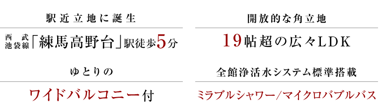 西武池袋線「練馬高野台」駅徒歩11分、全4邸の街並みとして誕生。全邸2階建て・4LDK、建物面積101㎡超・LDK18帖以上、第1種低層住居専用地域の穏やかな住環境