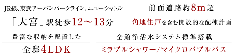 JR線、東武アーバンパークライン、ニューシャトル「大宮」駅徒歩12～13分。前面道路約8ｍ超、角地住戸を含む開放的な配棟計画。豊富な収納を配置した全邸4LDK。全館浄活水システム標準搭載、ミラブルシャワー/マイクロバブルバス