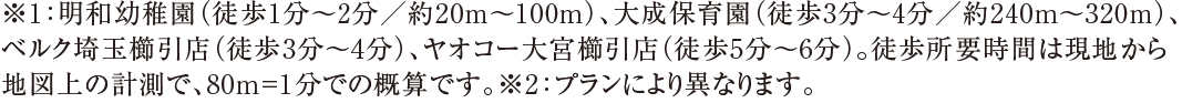 ※1：明和幼稚園（徒歩1分〜2分／約20m〜100m）、大成保育園（徒歩3分〜4分／約240m〜320m）、ベルク埼玉櫛引店（徒歩3分〜4分）、ヤオコー大宮櫛引店（徒歩5分〜6分）。徒歩所要時間は現地から地図上の計測で、80m=1分での概算です。※2：プランにより異なります。