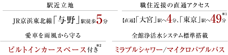 駅近立地、JR京浜東北線「与野」駅徒歩5分、職住近接の直通アクセス【直通】「大宮」駅へ4分、「東京」駅へ49分、愛車を雨風から守るビルトインカースペース付き、全館浄活水システム標準搭載ミラブルシャワー/マイクロバブルバス