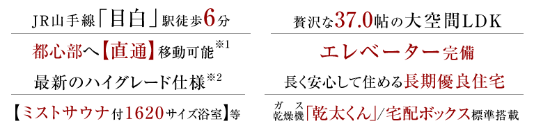 ●JR山手線「目白」駅徒歩6分、都心部へ【直通】移動可能●贅沢な37.0帖の大空間LDK、エレベーター完備●最新のハイグレード仕様【ミストサウナ付1620サイズ浴室】等●長く安心して住める長期優良住宅、ガス乾燥機「乾太くん」/宅配ボックス標準搭載