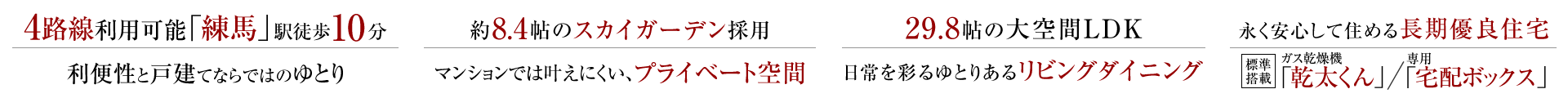「練馬」駅、4路線利用可能、徒歩10分の利便性と戸建てならではのゆとり。約8.4帖のスカイガーデン採用、マンションでは叶えにくい、プライベート空間。29.8帖の大空間LDK、日常を彩るゆとりあるリビングダイニング。永く安心して住める長期優良住宅、ガス乾燥機「乾太くん」/専用「宅配ボックス」標準搭載。