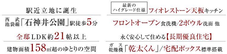 駅近立地に誕生、西武池袋線「石神井公園」駅徒歩5分。全邸LDK約21帖以上、建物面積158㎡超のゆとりの空間。【最新のハイグレード仕様】フィオレストーン天板キッチン/フロントオープン食洗機/2ボウル洗面 他。長く安心して住める【長期優良住宅】ガス乾燥機「乾太くん」/宅配ボックス標準搭載。
