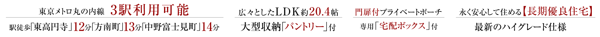 東京メトロ丸ノ内線3駅利用可能「東高円寺」駅徒歩12分「方南町」駅徒歩13分「中野富士見町」駅徒歩14分。広々としたLDK約20.4帖、大型収納「パントリー」付。門扉付プライベートポーチ、専用「宅配ボックス」付。長く安心して住める【長期優良住宅】最新ハイグレード仕様