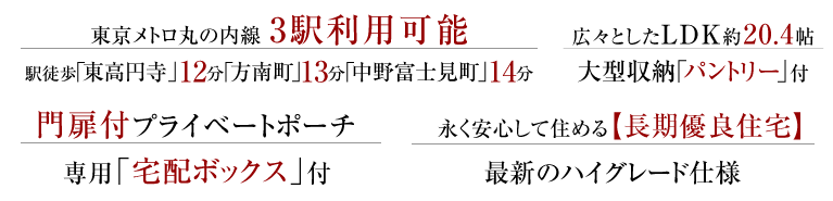 東京メトロ丸ノ内線3駅利用可能「東高円寺」駅徒歩12分「方南町」駅徒歩13分「中野富士見町」駅徒歩14分。広々としたLDK約20.4帖、大型収納「パントリー」付。門扉付プライベートポーチ、専用「宅配ボックス」付。長く安心して住める【長期優良住宅】最新ハイグレード仕様